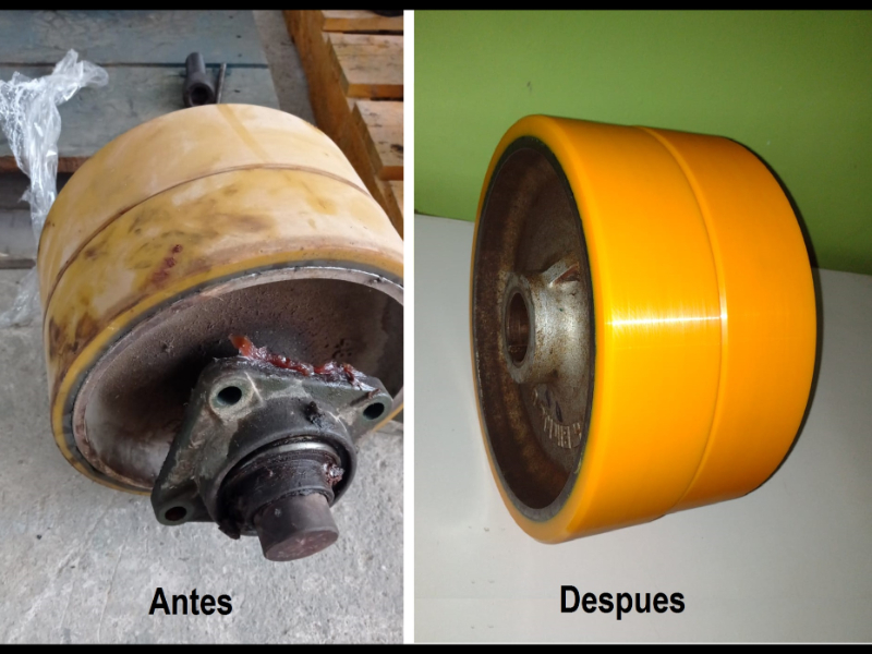 Rueda antes y después del revestimiento con poliuretano